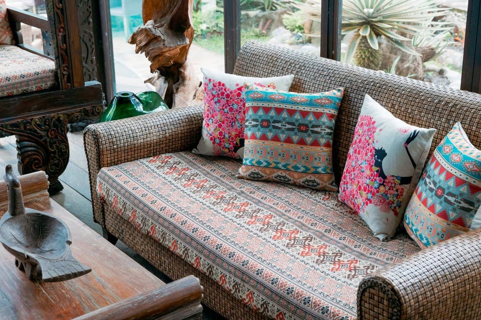 Living room, Seating area, Pool view