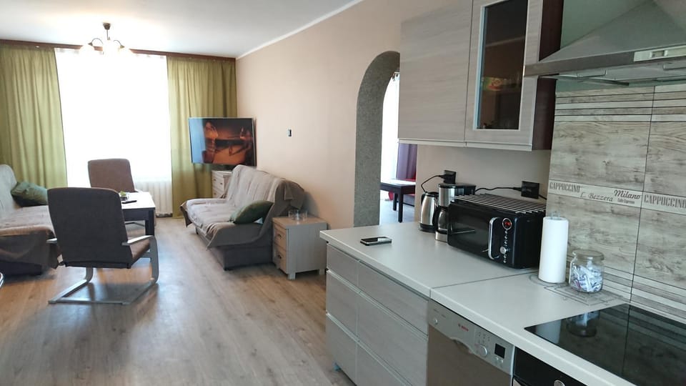 Kitchen or kitchenette, Living room, Seating area, Dining area