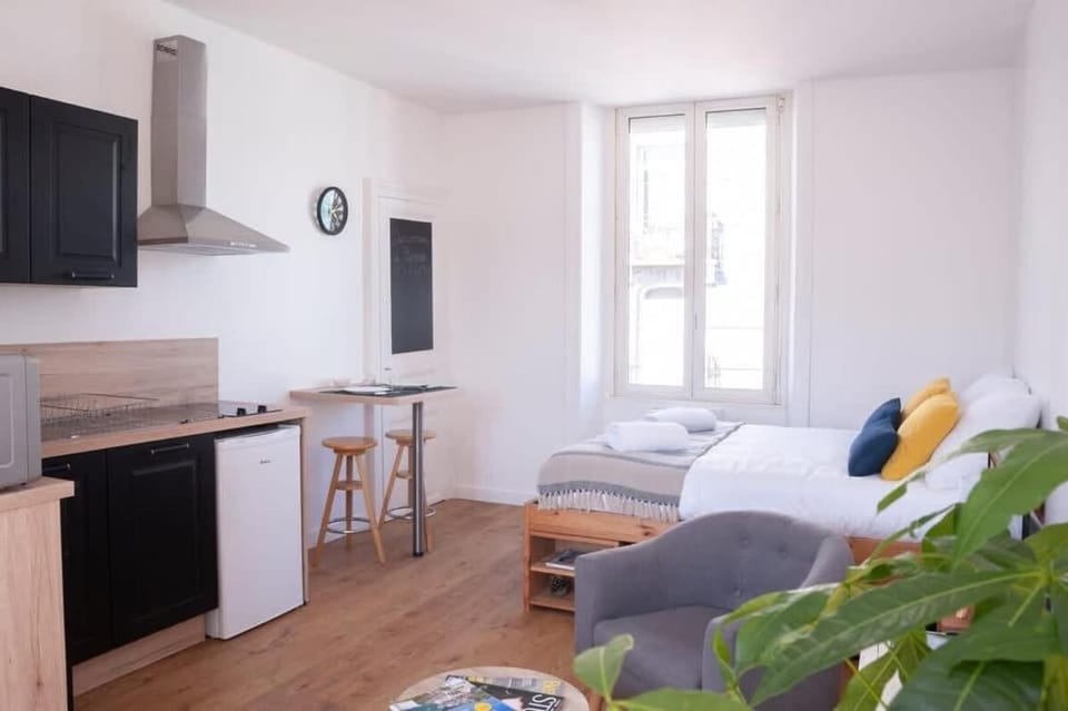 Bed, Kitchen or kitchenette, Living room, Seating area, stove