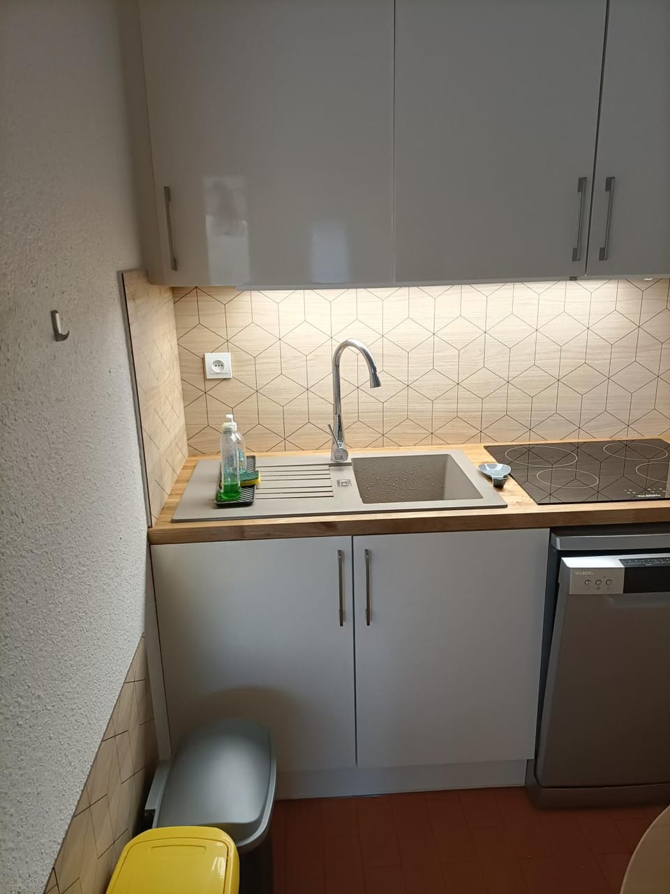 Kitchen or kitchenette, dishwasher, stove