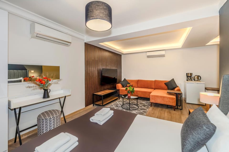 Bed, TV and multimedia, Seating area, towels, air conditioner