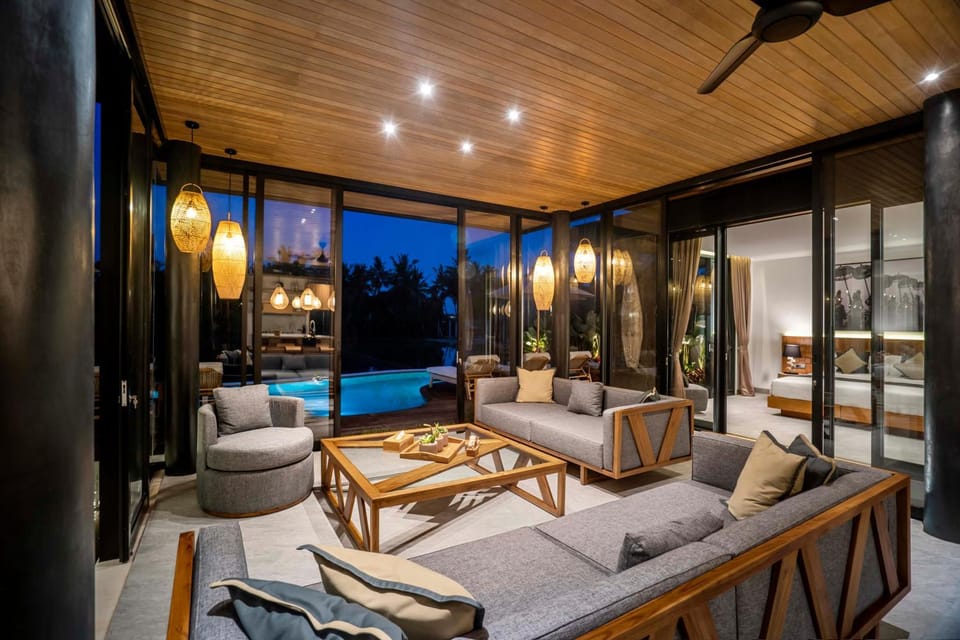 Night, Living room, Seating area, Pool view, Swimming pool