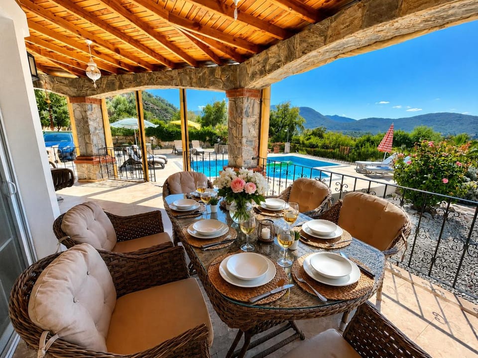 Property building, Patio, Day, Natural landscape, View (from property/room), Balcony/Terrace, Food and drinks, Seating area, Dining area, Food, Mountain view, Pool view, Swimming pool, sunbed