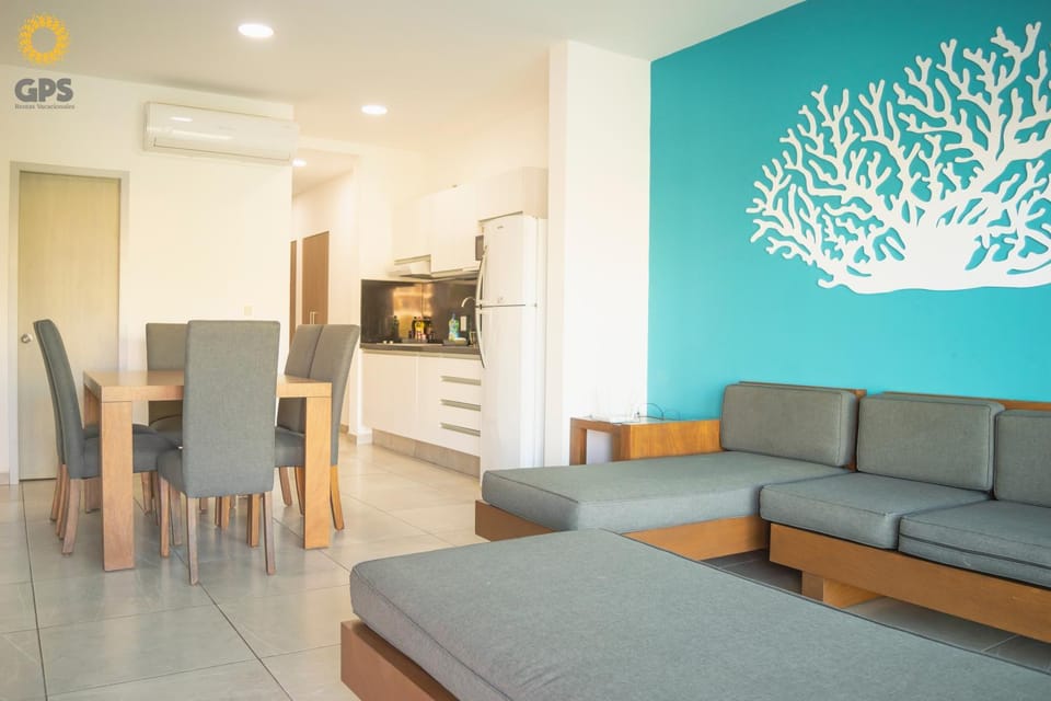 Kitchen or kitchenette, Living room, Seating area, Dining area, air conditioner