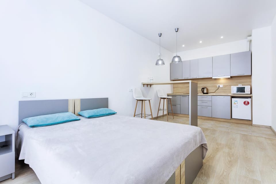 Bed, Kitchen or kitchenette, Photo of the whole room, Dining area, Bedroom, minibar, stove