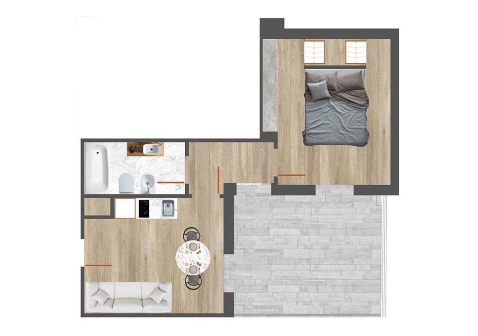 Bed, Kitchen or kitchenette, Photo of the whole room, Floor plan, Bedroom