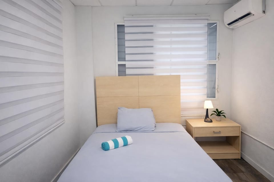 Bed, Photo of the whole room, Bedroom, towels, air conditioner