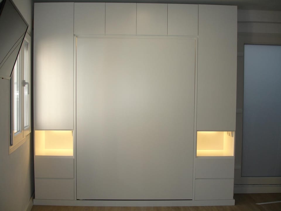 Bed, wardrobe
