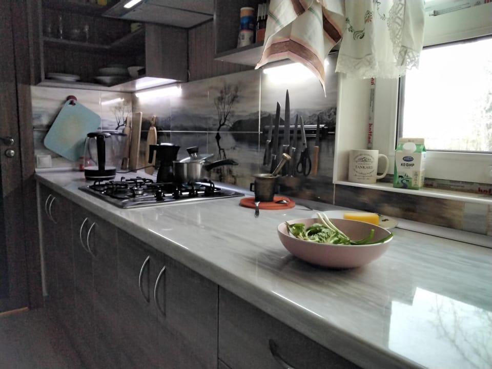 Kitchen or kitchenette, stove