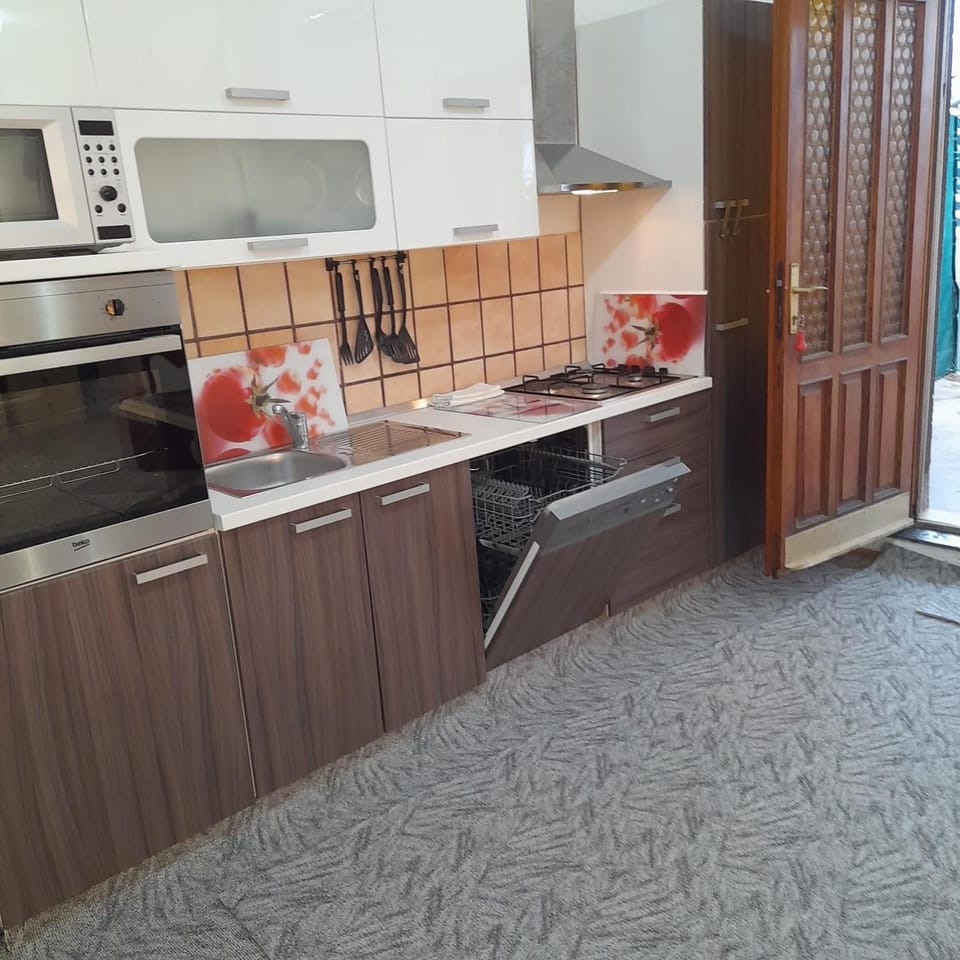 Kitchen or kitchenette, dishwasher, stove