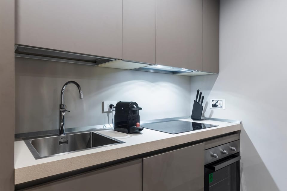 Kitchen or kitchenette, stove