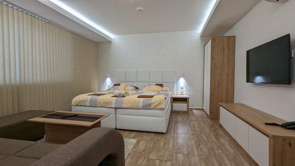Bed, TV and multimedia, Living room, Photo of the whole room, Seating area, Bedroom