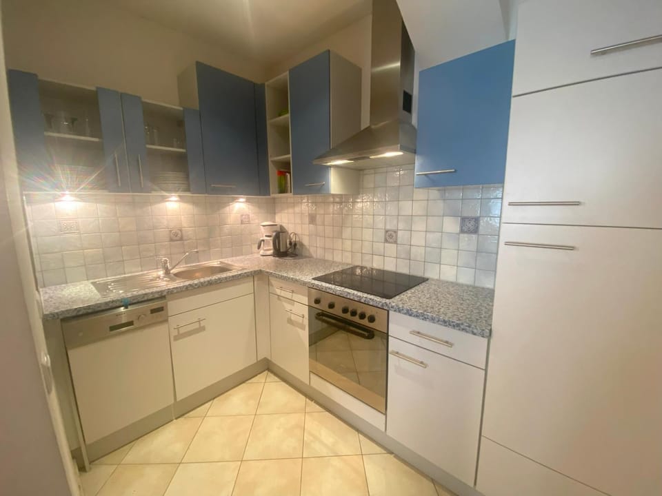 Kitchen or kitchenette, dishwasher, oven, stove