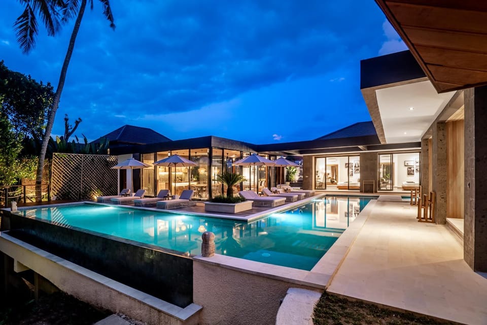 Property building, Night, Natural landscape, View (from property/room), Pool view, Swimming pool, sunbed