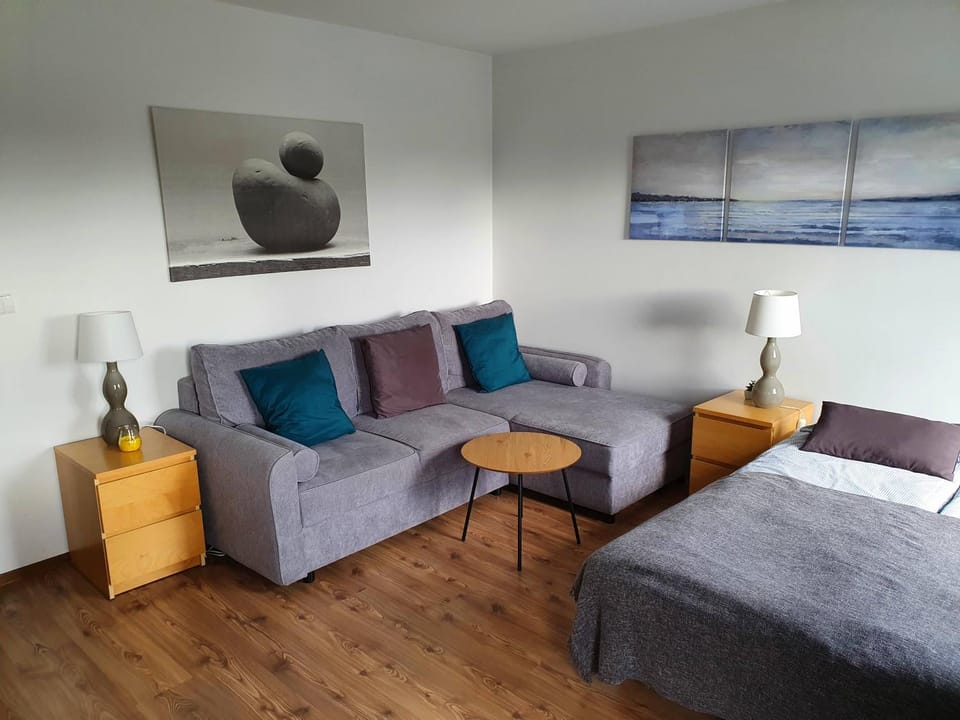 Bed, Living room, Seating area