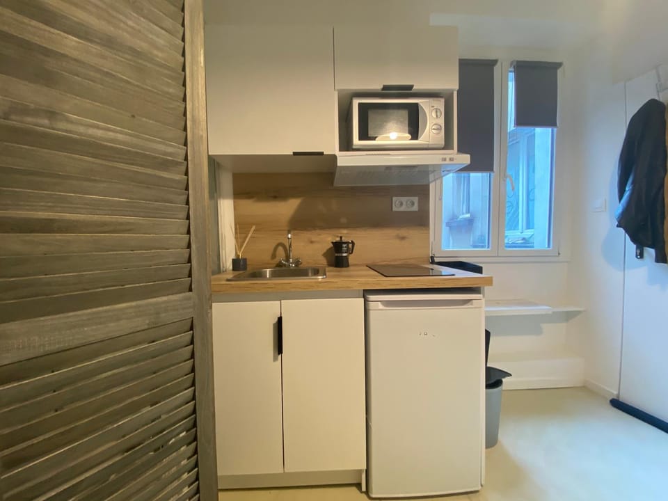 Kitchen or kitchenette, minibar, stove