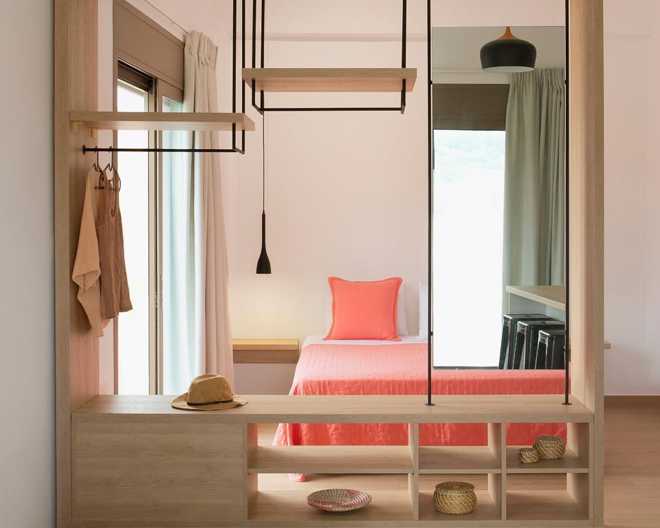 Bed, wardrobe