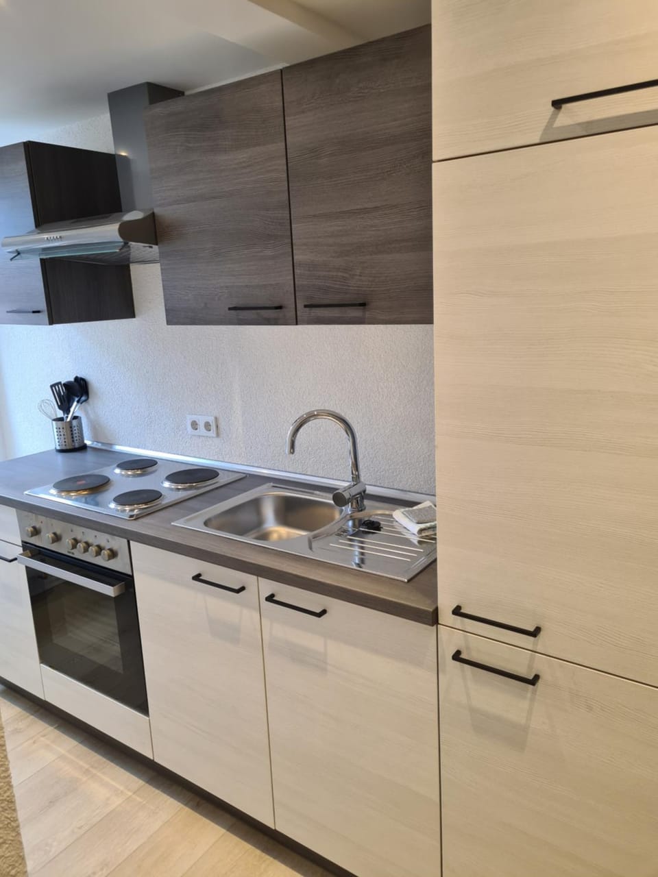 Kitchen or kitchenette, stove