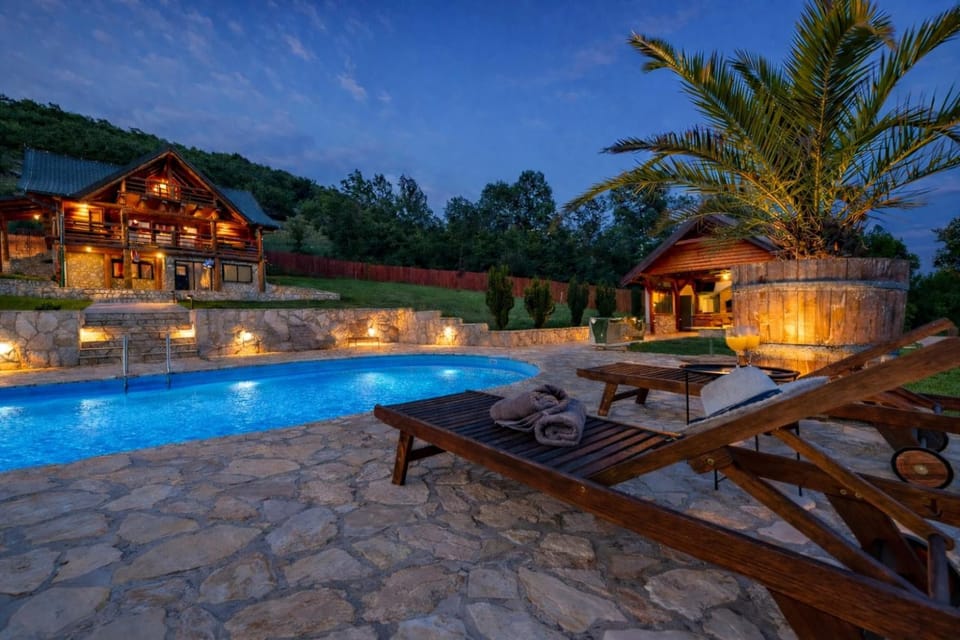 Night, Pool view, Swimming pool, sunbed