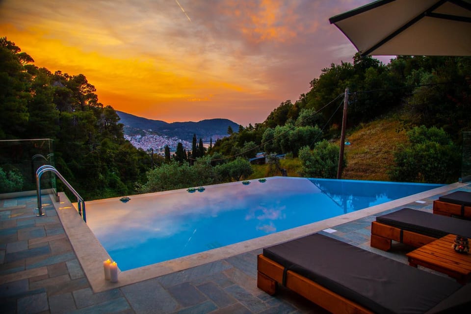 Natural landscape, Mountain view, Pool view, Swimming pool, Sunset, sunbed