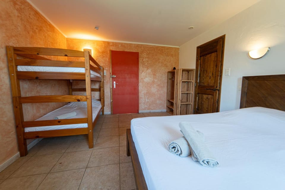 Bed, Photo of the whole room, Bedroom, bunk bed, towels, wardrobe