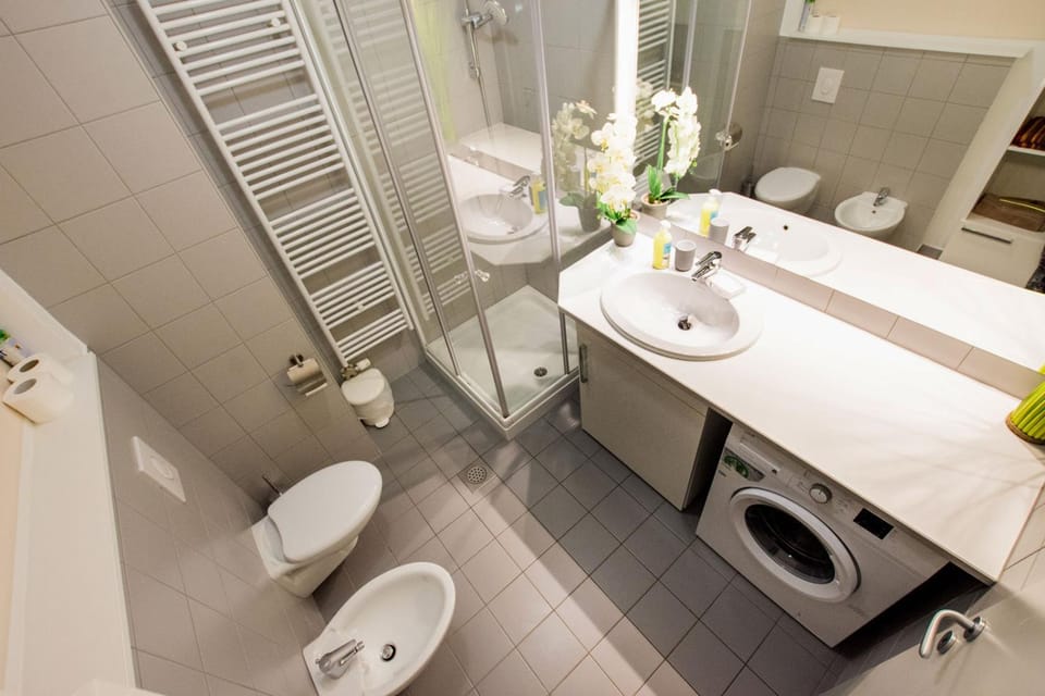 Shower, Toilet, Bathroom, bidet, heating, towels, washing machine