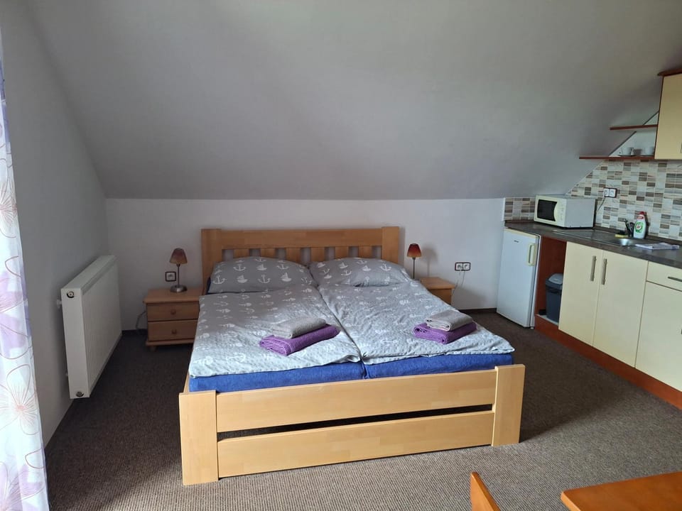 Bed, Kitchen or kitchenette, Photo of the whole room, Bedroom, stove, towels