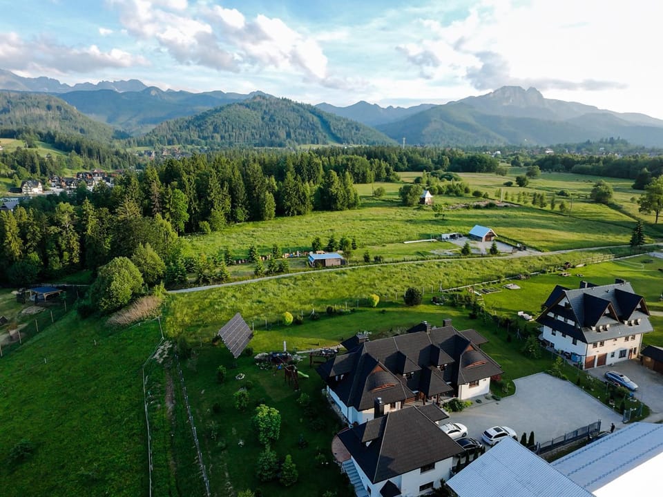 Property building, Spring, Bird's eye view, Mountain view
