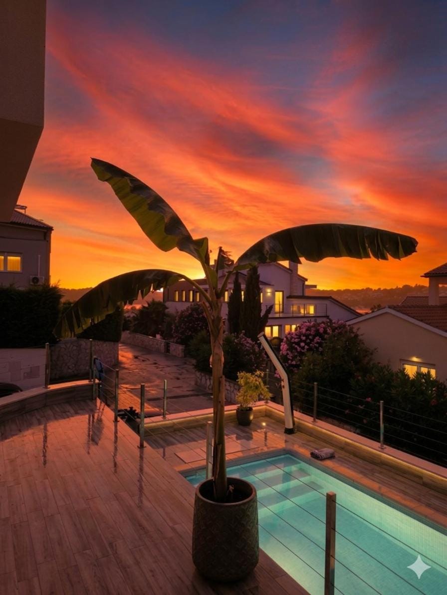 Pool view, Swimming pool, Sunset