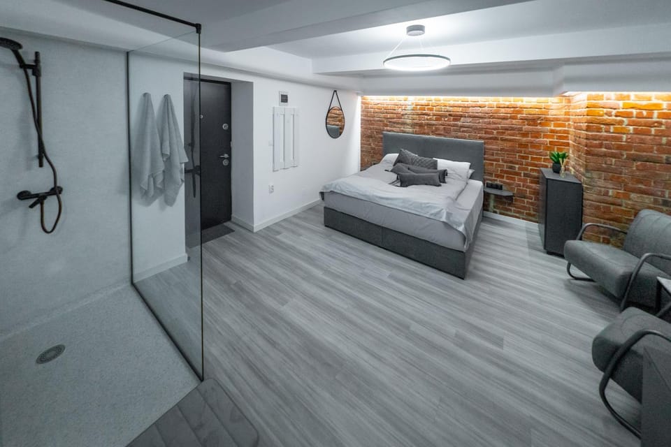 Shower, Bed, Bathroom, Photo of the whole room, Bedroom