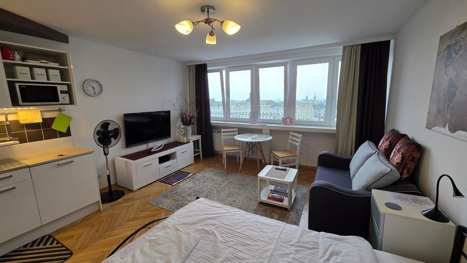 TV and multimedia, Kitchen or kitchenette, Living room, Photo of the whole room, City view