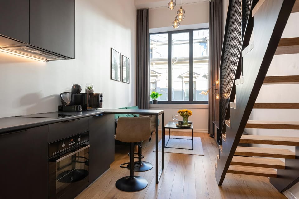 Kitchen or kitchenette, Living room, Dining area, stove, toaster