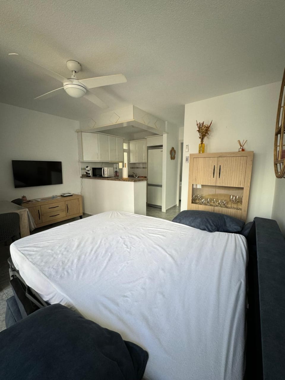 Bed, fireplace