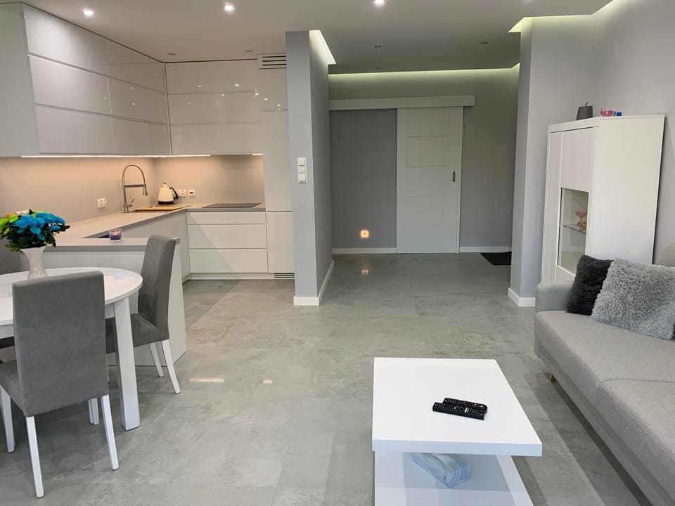 Kitchen or kitchenette, Living room, Seating area, Dining area