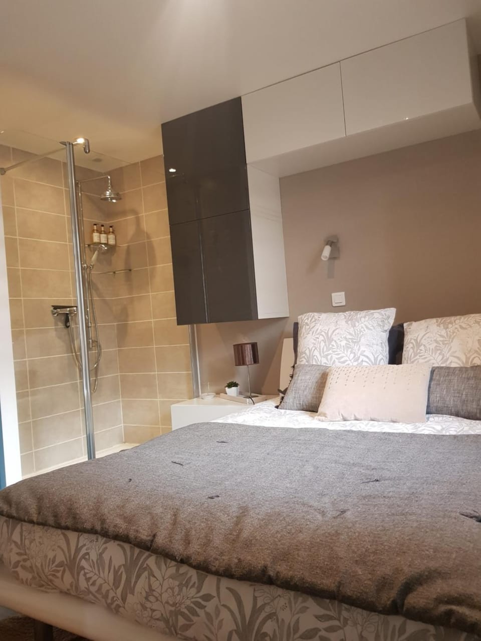 Shower, Bed, Bathroom, Bedroom