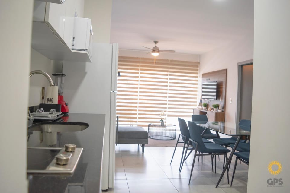 Kitchen or kitchenette, Photo of the whole room, Dining area, fireplace, minibar, stove