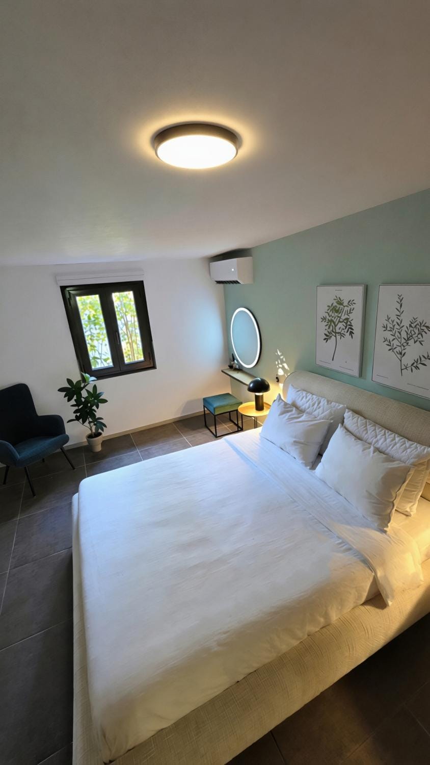 Bed, Decorative detail, Bedroom, Garden view, hair dryier, air conditioner