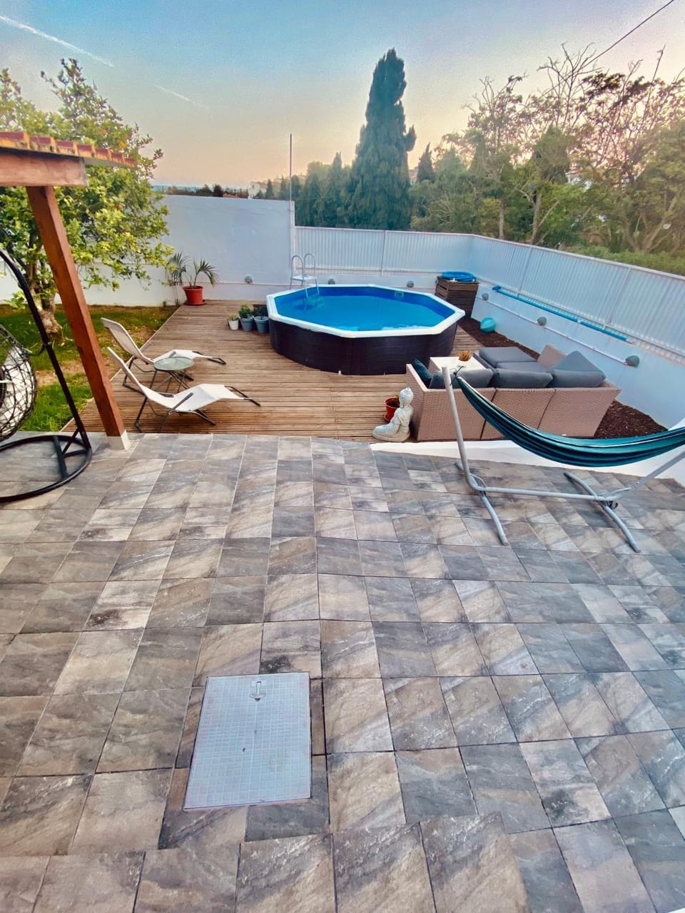 Patio, Natural landscape, Swimming pool, sunbed
