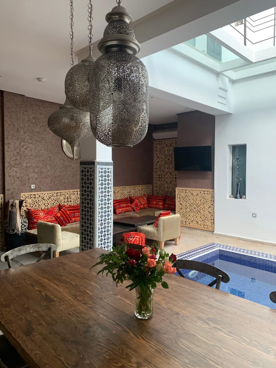 Living room, Seating area, Pool view