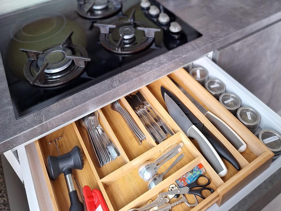 Kitchen or kitchenette, stove