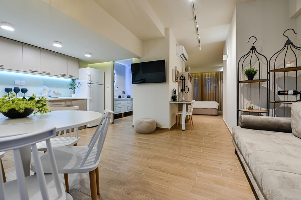 Bed, TV and multimedia, Kitchen or kitchenette, Living room, Photo of the whole room, Seating area, Dining area