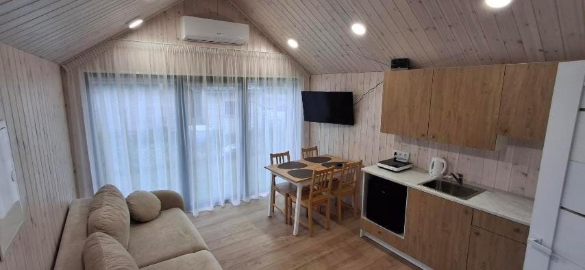 Kitchen or kitchenette, Living room, Seating area, Dining area