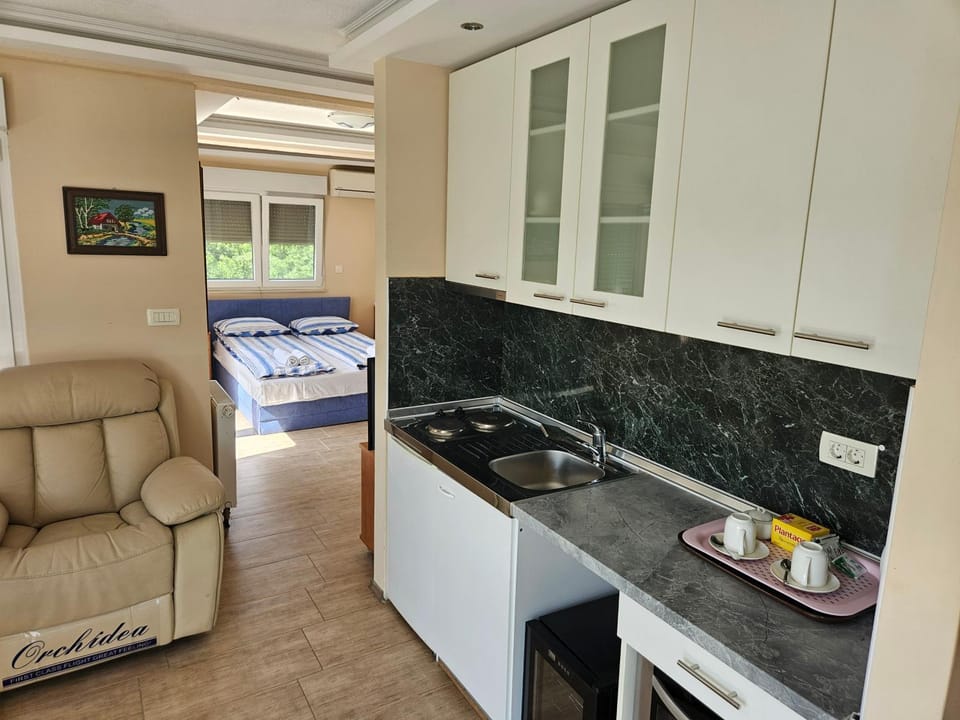 Kitchen or kitchenette, Living room, oven, stove