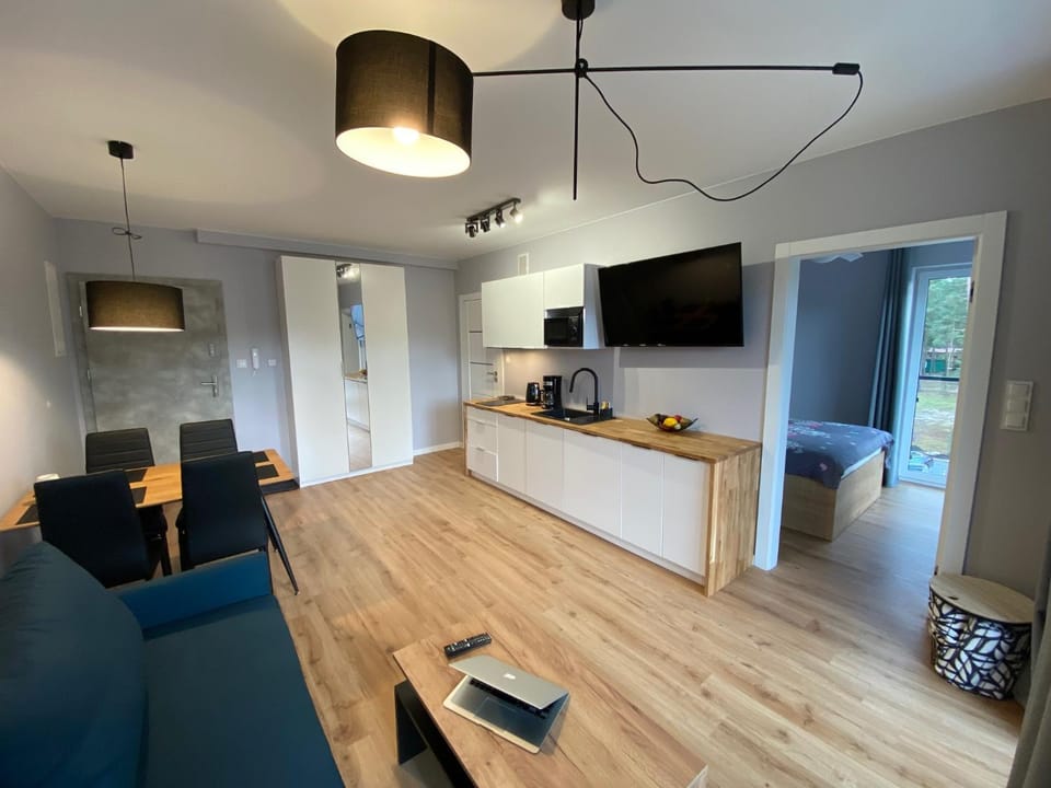 Kitchen or kitchenette, Living room, Seating area, Dining area