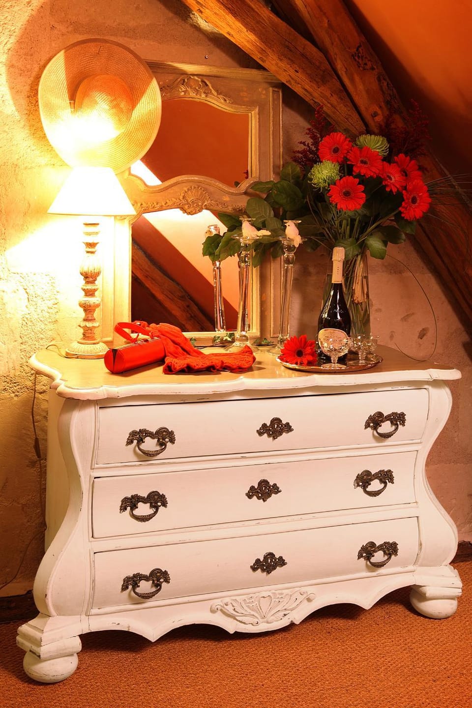 Bed, Decorative detail, Bedroom, Garden view, Garden view, Drinks, fireplace, furniture, furniture, storage, wardrobe