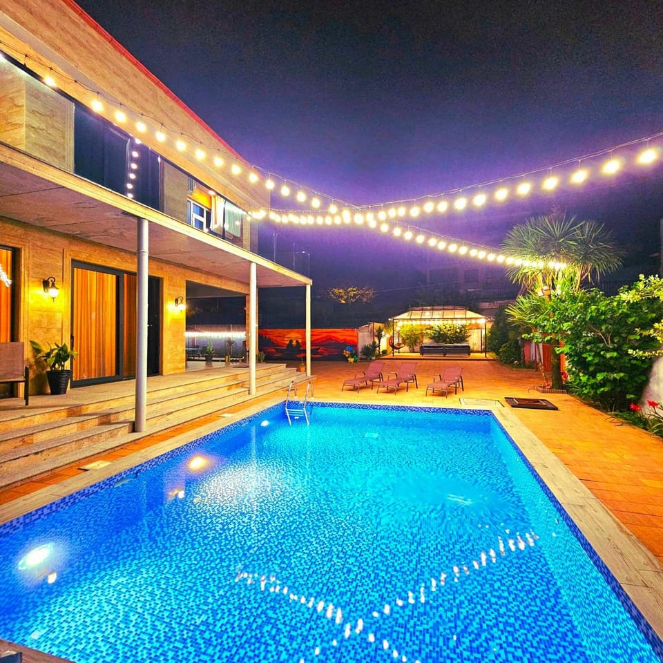 Night, Pool view, Swimming pool, sunbed