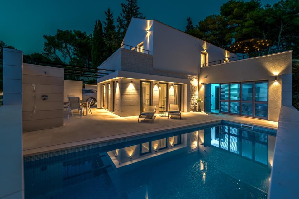 Property building, Swimming pool, Sunset