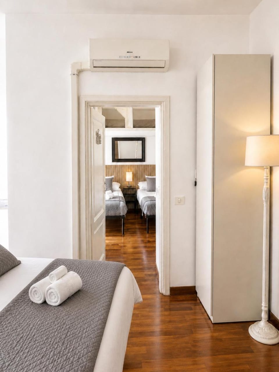 Bed, Photo of the whole room, Bedroom, towels, wardrobe, air conditioner