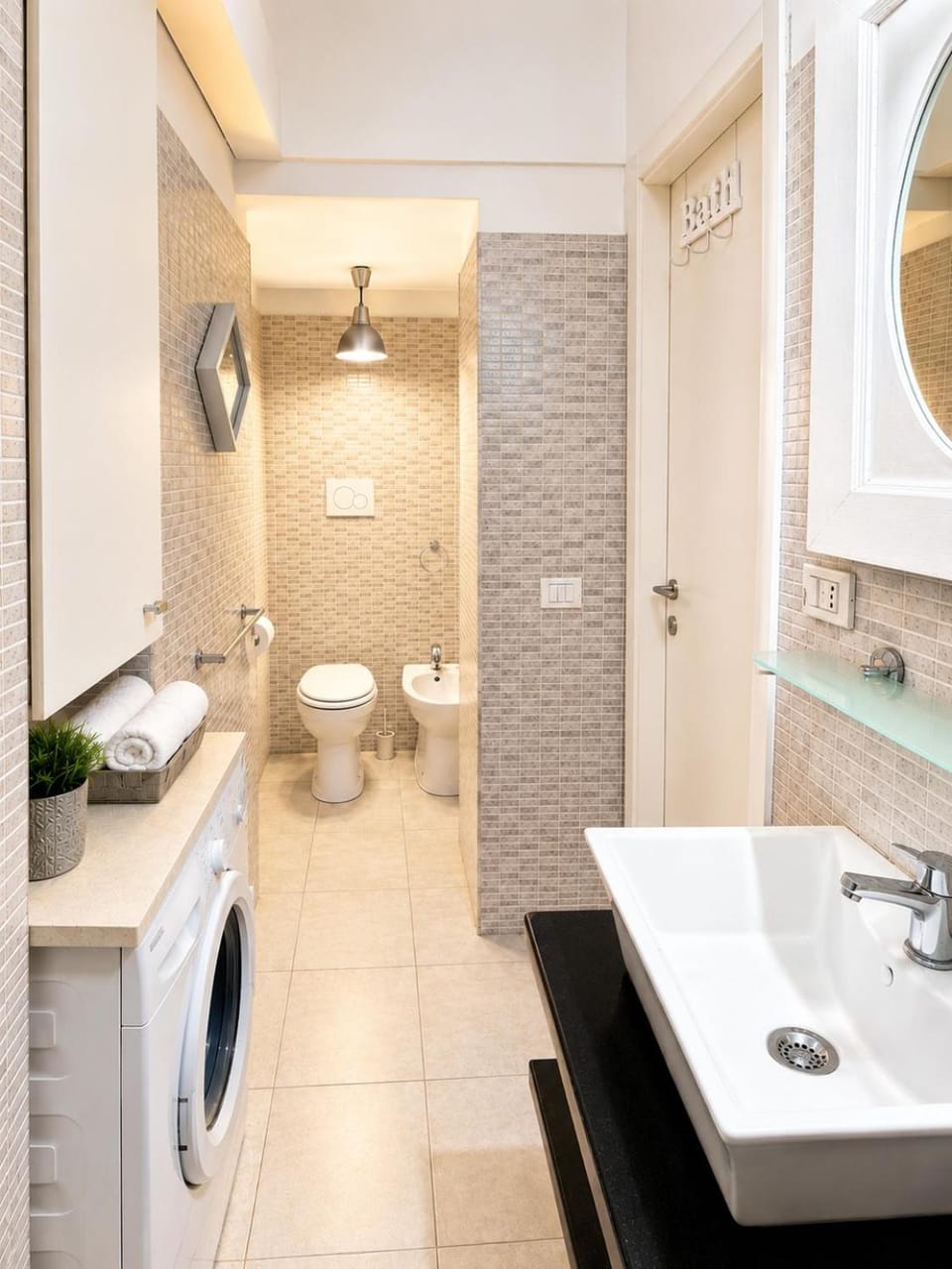 Shower, Toilet, Bathroom, bidet, towels, washing machine