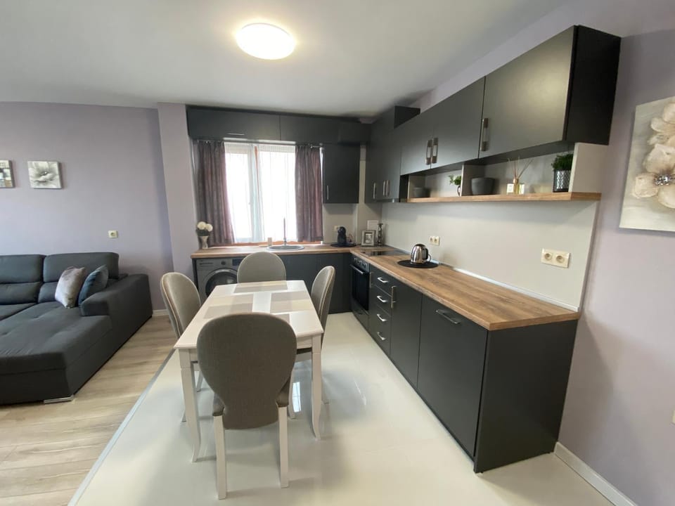 Kitchen or kitchenette, Living room, Seating area, Dining area